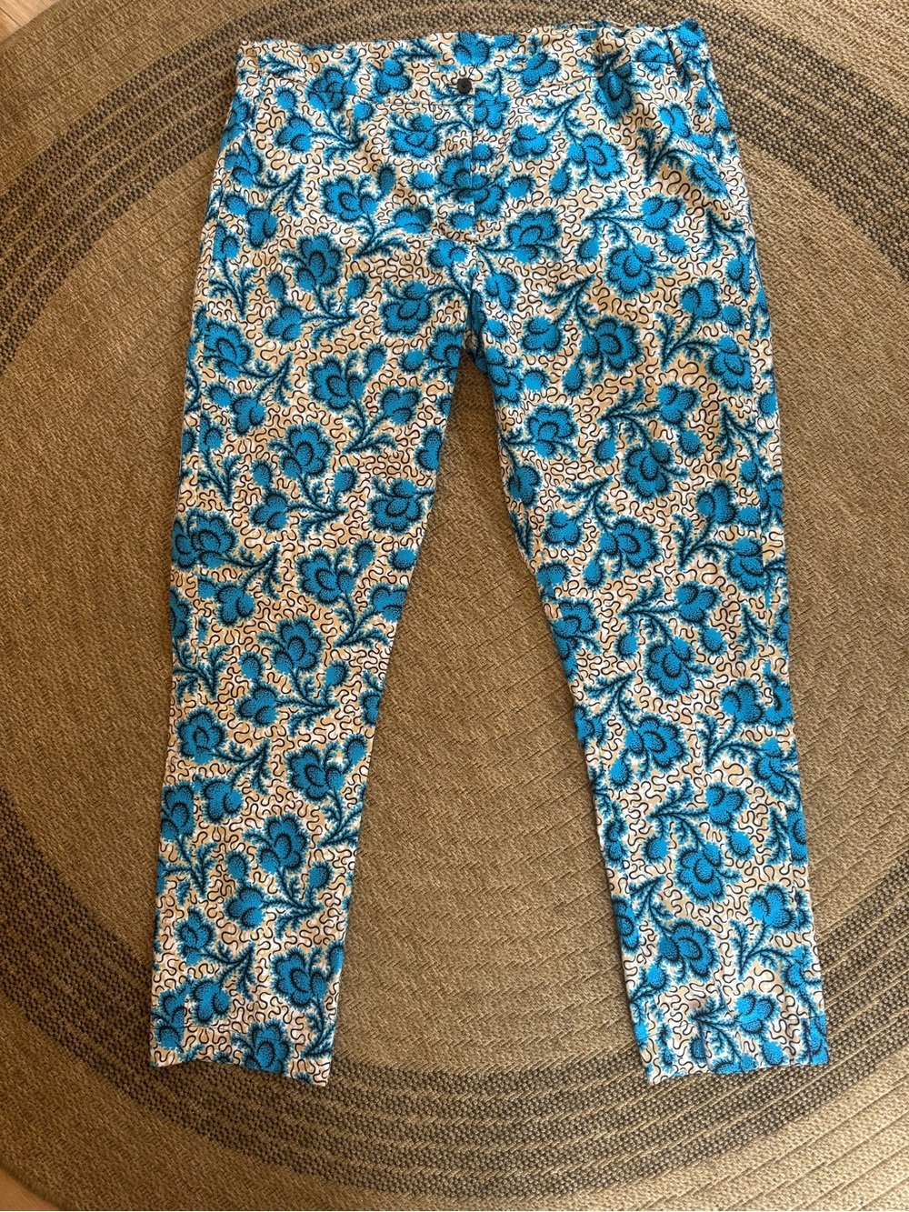 Blue, tan, white, black floral trousers handmade cotton straight leg Ankara